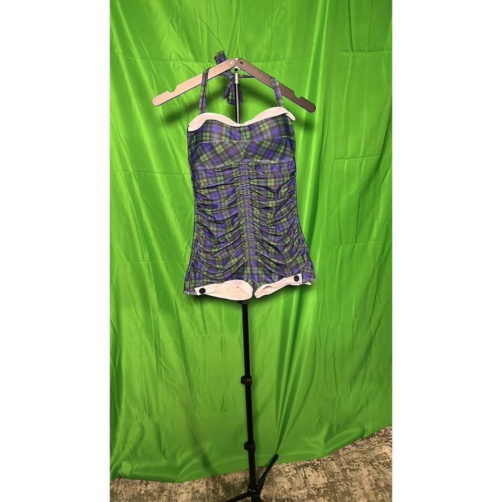 Retro Stage Plaid One-Piece Swimsuit Vintage Style Halter Neck Green Navy M